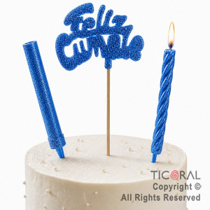 ADORNO DE TORTA SET FELIZ CUMPLE CON BENGALA Y VELA 9 CM GIBRE AZUL x 1